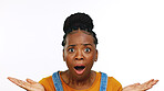 Face, surprise and black woman with shock, excited and girl isolated on white studio background. Portrait, African American female and lady with facial expression, news and announcement with emoji