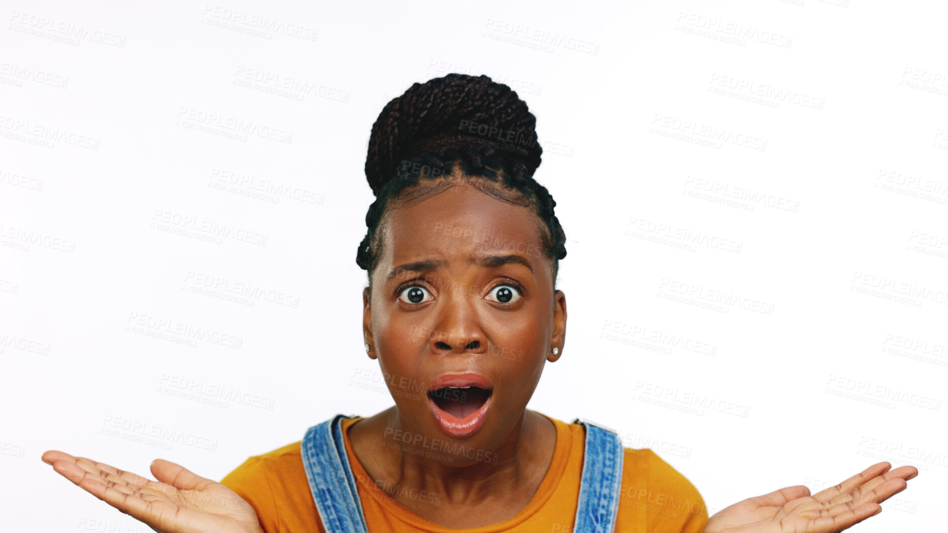 Buy stock photo Portrait, surprise or expression with a black woman in studio isolated on a white background for reaction to fake news. Face, emoji and shock with a young person looking mind blown by hearing gossip