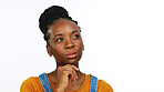 Thinking, doubt and portrait of a black woman with an idea isolated on a white background in studio. Think, planning and African girl with a solution, thoughtful and contemplation on a backdrop