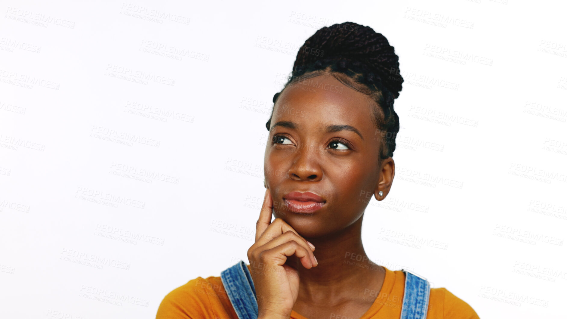 Buy stock photo Black woman, thinking and confused face with choice in studio white background or problem solving. Doubt, idea and African student planning, decision or question knowledge in university mockup space