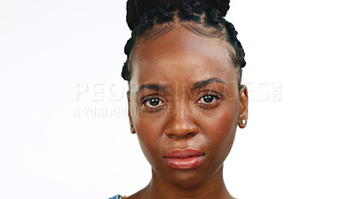 Black woman, face and crying with mental health and depressed isolated on white background. Sad, pain with grief and loss, mockup and upset female with emotion, portrait and depression with stress