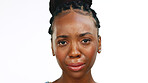 Black woman, face and crying and sad with depression isolated on white background. Mental health, pain with grief and loss, mockup and upset female with emotion, portrait and depressed with stress