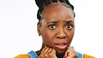 Face, fear and worried with a black woman in studio isolated on a white background looking afraid. Portrait, scared and phobia with a young female feeling alone, helpless or overwhelmed by emotions