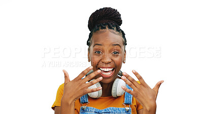 Black woman, studio and excited face with hand gesture, fashion or smile by isolated white background. Happy gen z model, african girl or funny hands for comic laugh, playful or crazy with headphones