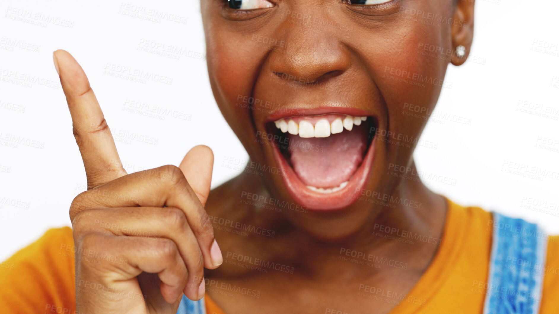 Buy stock photo Hand, idea and black woman in studio with wow solution, answer or emoji conclusion on white background. Aha, insight and face of African female model with finger gesture for problem solving opinion