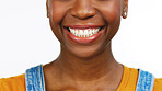 Black woman, teeth and smile for dental care, whitening or healthcare against a white studio background. Happy isolated African American female smiling for tooth, mouth or gum and oral hygiene