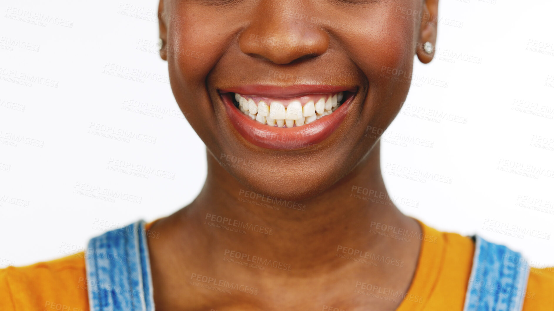 Buy stock photo Female, smiling and teeth whitening for mouth, oral hygiene and tooth. Black woman, wellness and dental care for cleaning, healthcare and white studio background for health, results and dentistry