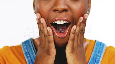 Success, shock mockup and zoom of girl with excited, crazy and comic expression for omg reaction. Surprise, wow and open mouth of black woman with hands on face for news, announcement and information.
