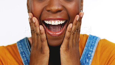 Surprise, wow and open mouth of black woman with hands on face for news, announcement and information. Success, shock mockup and zoom of girl with excited, crazy and comic expression for omg reaction