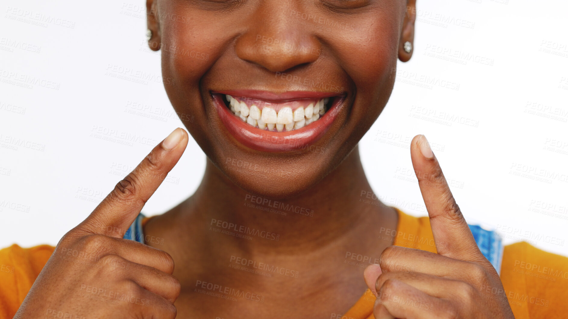 Buy stock photo Female, smile and tooth with mouth, oral hygiene and whitening. Black woman, teeth and wellness for dental care, cleaning and healthcare on white studio background for health, results and dentistry