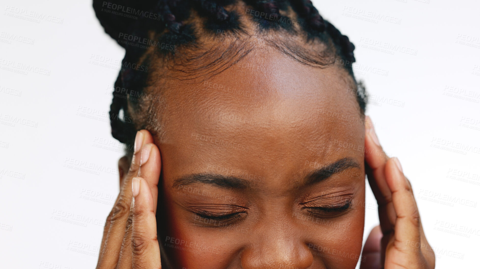 Buy stock photo Stress, headache and closeup of black woman in studio with pressure, problem or vertigo on white background. Anxiety, migraine and closeup of African female model with temple massage for brain fog