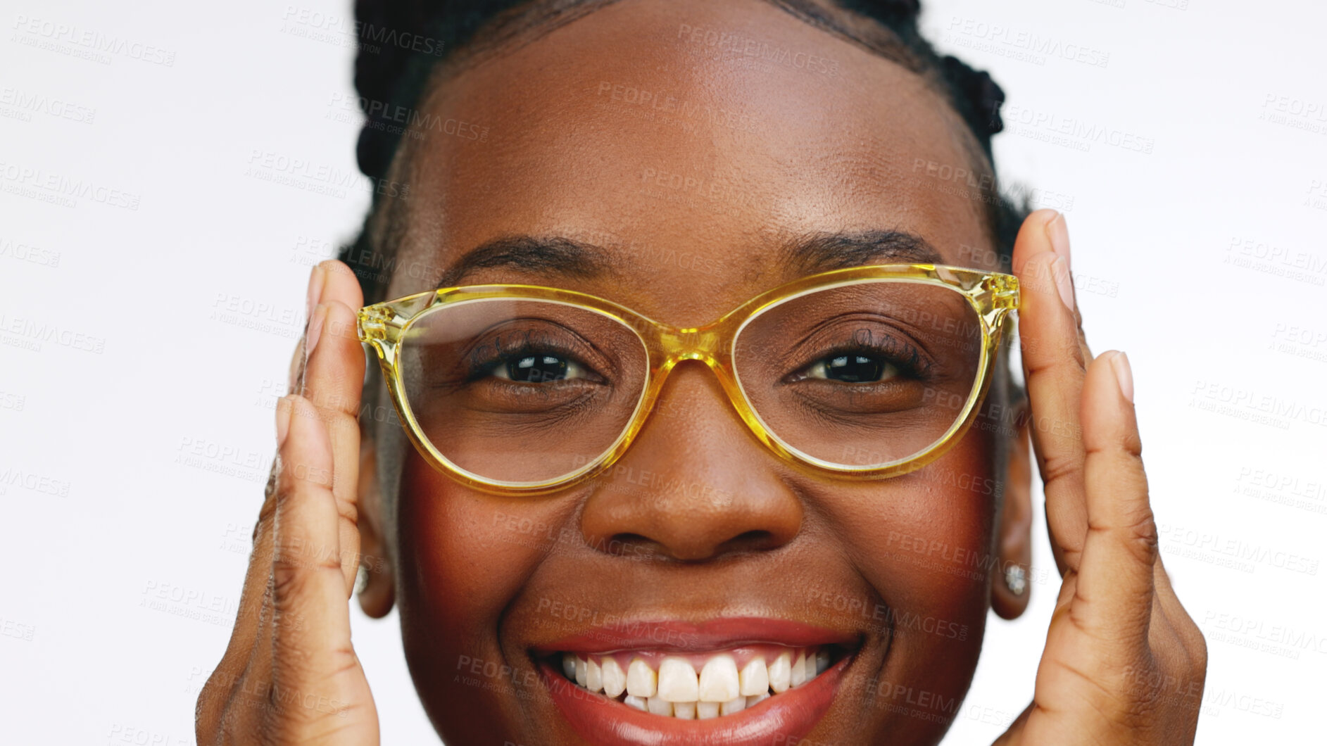 Buy stock photo Glasses, vision and portrait of woman in studio smile for optometry, optician and eyesight. Eye care, happy and face of isolated excited person in eyewear, fashion frames and lens on white background