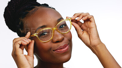 Face, black woman and glasses for vision, happiness and smart lady isolated on white studio background. Portrait, African American female and girl with eyewear, funny and goofy with joy and smile