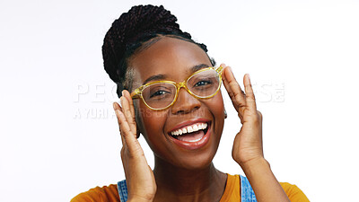 Portrait, African American female and lady with eyewear, smart or confident with spectacles. Face, black woman and glasses for clear vision, excited and happy girl isolated on white studio background.