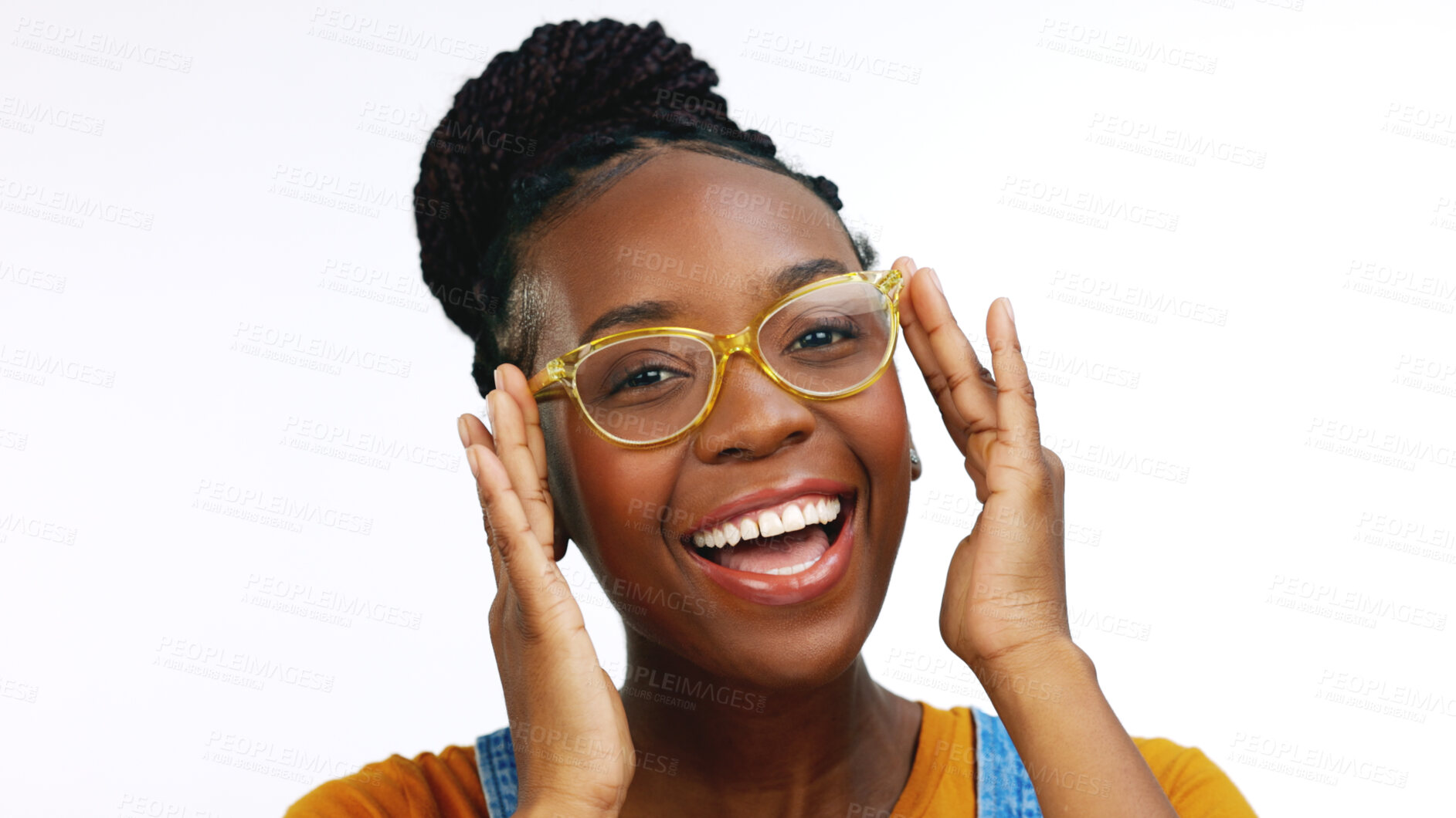 Buy stock photo Glasses, African and portrait of woman in studio smile for optometry, vision and eyesight. Eye care, happy and face of isolated excited person in eyewear, fashion frames and lens on white background