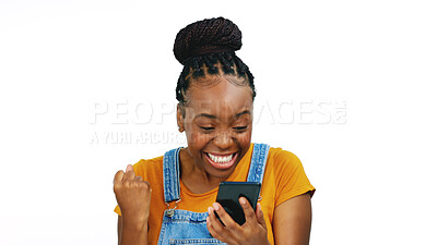 Surprise, winner and excited black woman with phone on white background with victory, bonus and success. Wow, celebration and happy girl with smartphone for good news, achievement and winning online