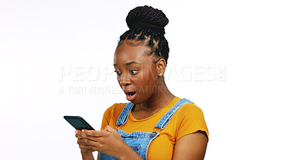 Smile, typing and happy black woman with phone on white background for funny meme, humor and comic text. Communication, social media and girl laugh on smartphone for news, surprise and shocked face