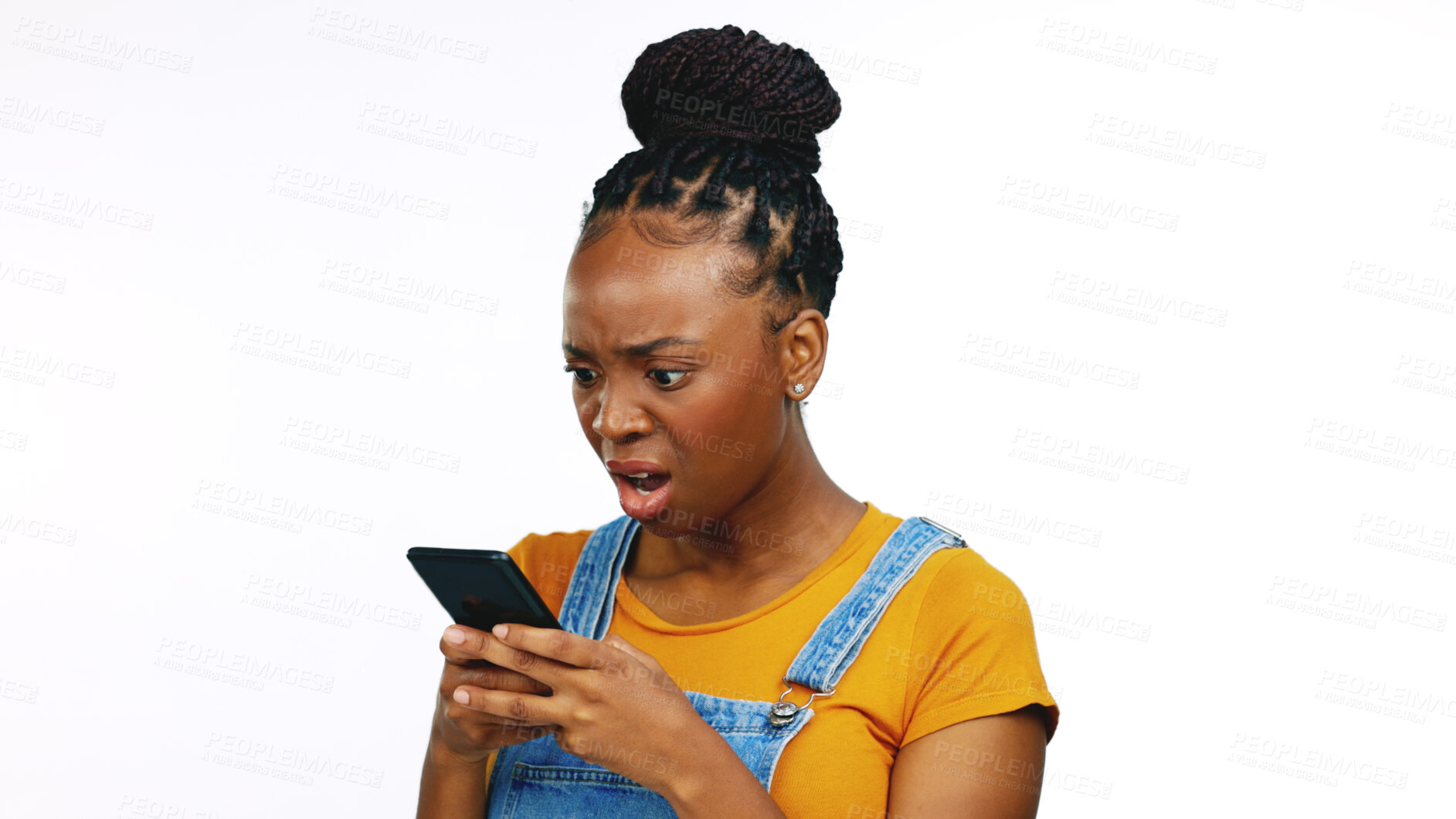 Buy stock photo Stress, phone and black woman in studio with bad news, email or feedback on white background. Omg, wtf and African female model with smartphone text, anxiety or angry about social media, blog or post