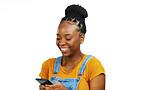 Smile, laugh and happy black woman with phone on white background for funny meme, humor and comic text. Communication, social media and girl with smartphone internet, message and online website