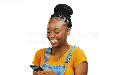 Buy stock photo Phone, smile and black woman typing on internet, social media and reading email isolated on a white background mockup space in studio. Happy African person on smartphone, scroll online app or website