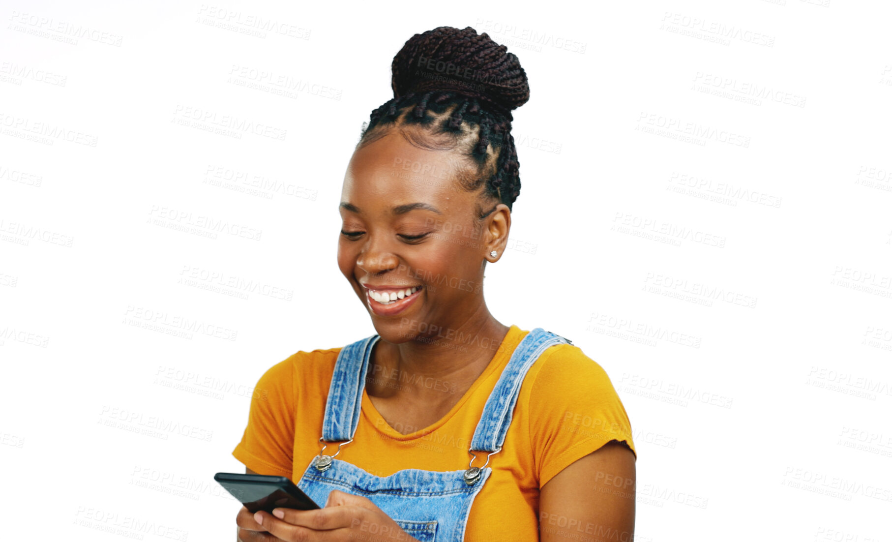 Buy stock photo Phone, smile and black woman typing on internet, social media and reading email isolated on a white background mockup space in studio. Happy African person on smartphone, scroll online app or website