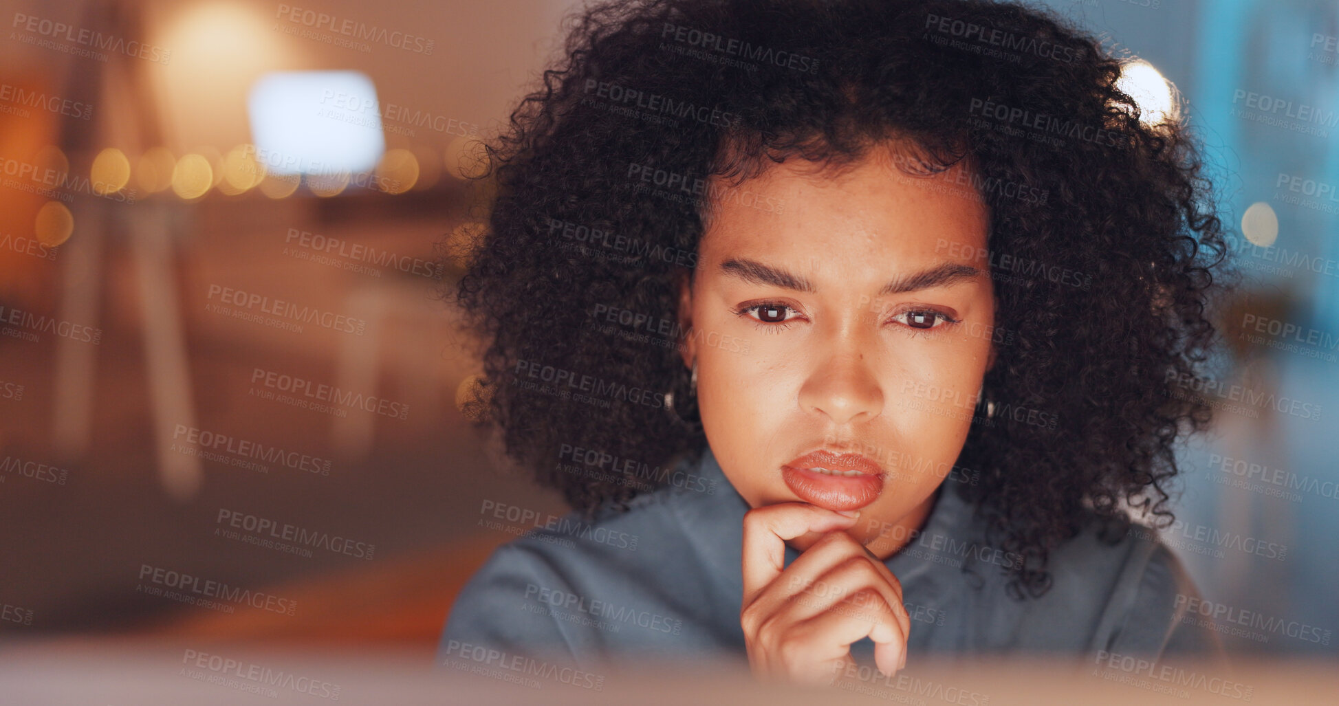 Buy stock photo Woman, thinking or computer at night for deadline research, project or internet information. Black person, reading or dark connectivity for planning report, office working or web concentration