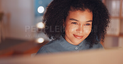 Night, happy and computer with black woman in office for research proposal, project and satisfaction. Internet, technology and idea with employee in agency for information, confident and connection