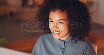 Night, smile and computer with black woman in office for research proposal, project and satisfaction. Internet, technology and idea with employee in agency for information, confident and connection