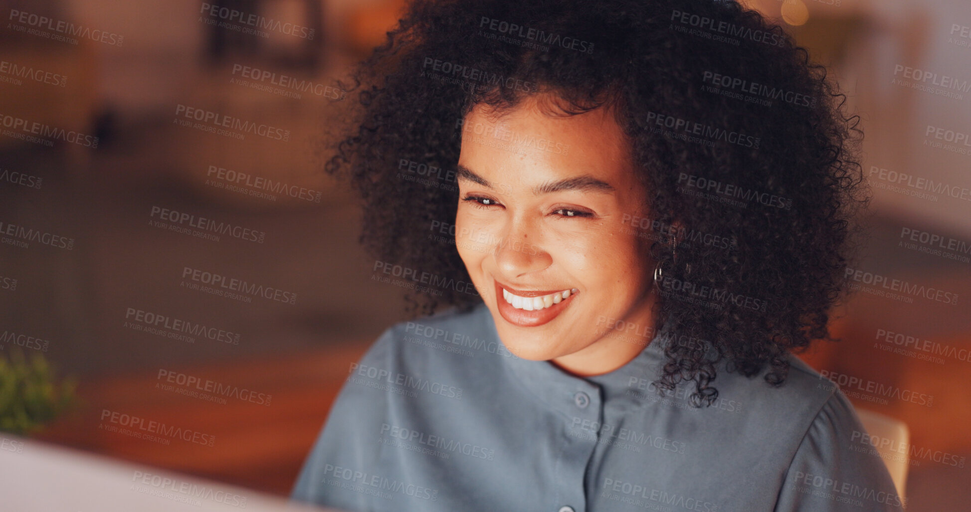 Buy stock photo Night, business and happy woman at computer for market research, overtime project and planning. Internet, technology and girl with smile in dark office at digital agency, networking and online search