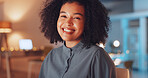 Face of happy woman in office at night working on computer at international, global or online internet company. Portrait of professional, young and biracial person with career, job or project mindset