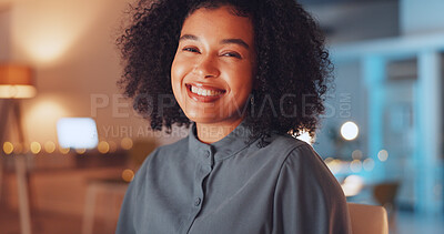 Face of happy woman in office at night working on computer at international, global or online internet company. Portrait of professional, young and biracial person with career, job or project mindset