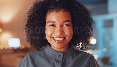 Buy stock photo Smile, night and portrait of woman in the office with positive, good and confident attitude. Pride, happy and closeup of professional female creative designer from Colombia in modern workplace.