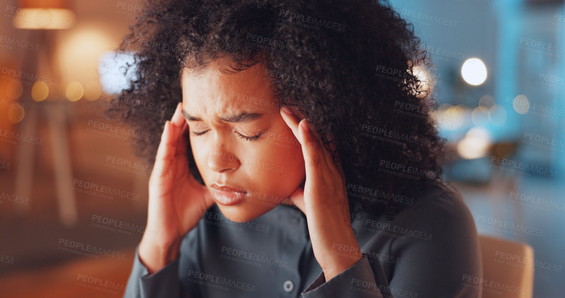 Buy stock photo Stress, night and woman with a headache, employee and pain with burnout, overworked or consultant. Person, worker or entrepreneur with migraine, evening or workflow crisis with tension in a workplace