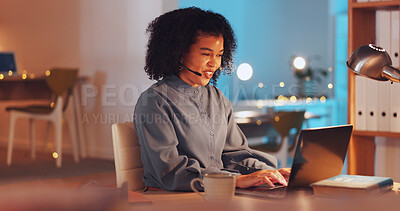 Laptop, customer service and remote work with a business black woman in her home at night for support. Contact us, smile and consulting with a happy female employee working at a desk in her house