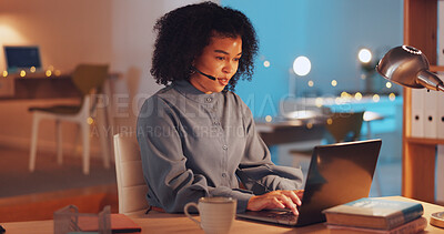 Laptop, customer service and working from home work with a business black womanat night for support. Contact us, smile and consulting with a happy female employee doing remote work in her house