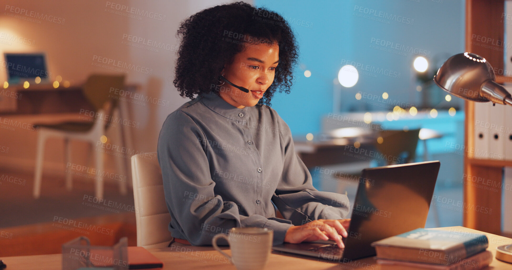 Buy stock photo Call center, laptop and woman consulting at night for customer service, CRM advisory or sales questions. Virtual assistant, computer and telecom support for IT solution, FAQ contact and telemarketing
