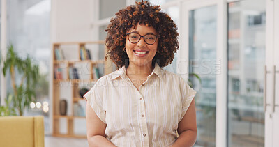 Buy stock photo Portrait, smile and business woman in office, startup company or creative workplace. Happy face, confident designer and professional entrepreneur, female worker or employee in glasses in South Africa