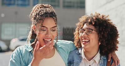 Women, lesbian couple walking and laughing in city, bonding and hugging together on street. Girls, love and smile of happy females talk on romantic date, laugh at funny joke or comedy, humor or comic