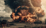 War, army and smoke with explosion on battlefield for danger, military attack and action. Ai generated, disaster and fire with cloud from bomb strike for destruction, apocalypse and marine service