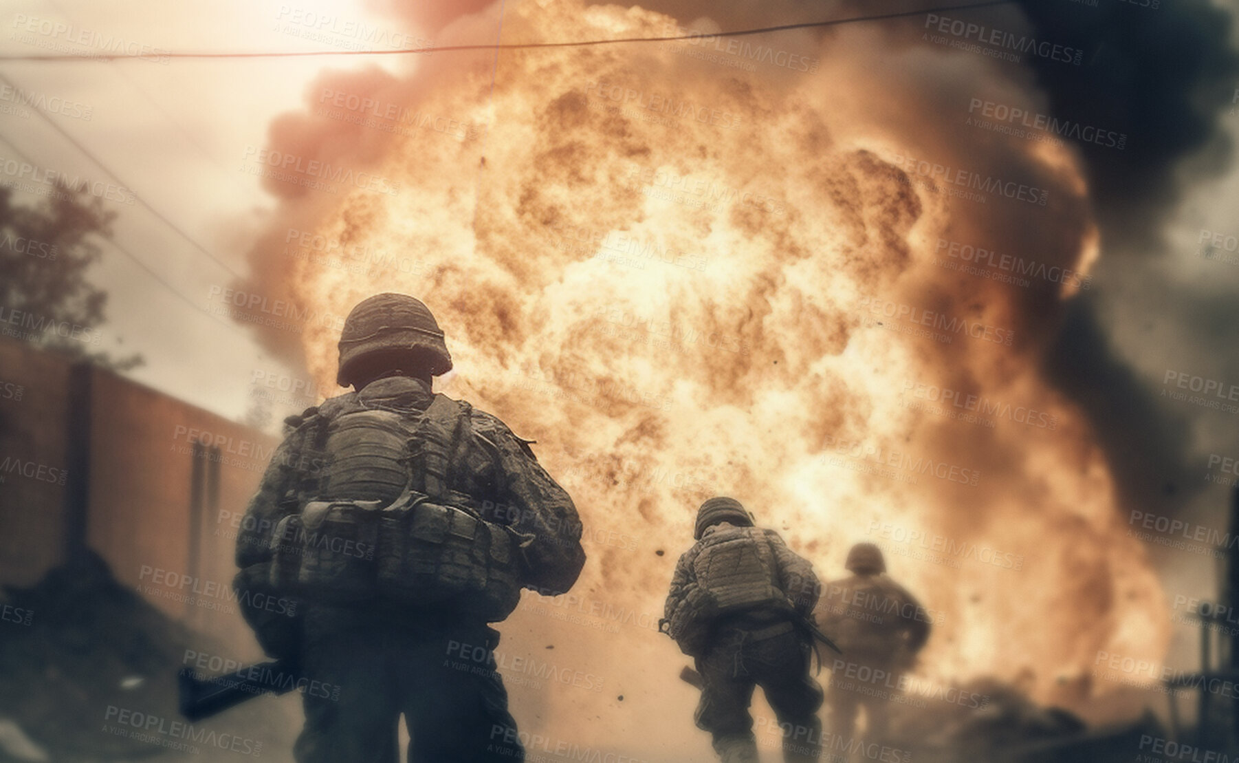 Buy stock photo War, army and explosion with people on battlefield for danger, military and action. Ai generated, disaster and fire with soldiers on mission in outdoors for camouflage, apocalypse and marine service