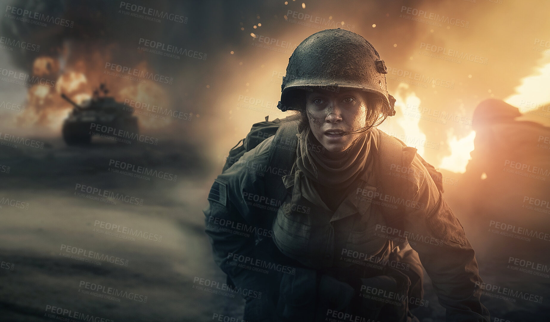 Buy stock photo War, army and disaster with woman on battlefield for danger, military and action. Ai generated, explosion and fire with soldiers on mission in outdoors for camouflage, apocalypse and marine service