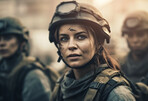 Rescue, army and disaster with woman at war for danger, military and action. Ai generated, explosion and fire with soldiers on mission in battlefield for camouflage, apocalypse and marine service