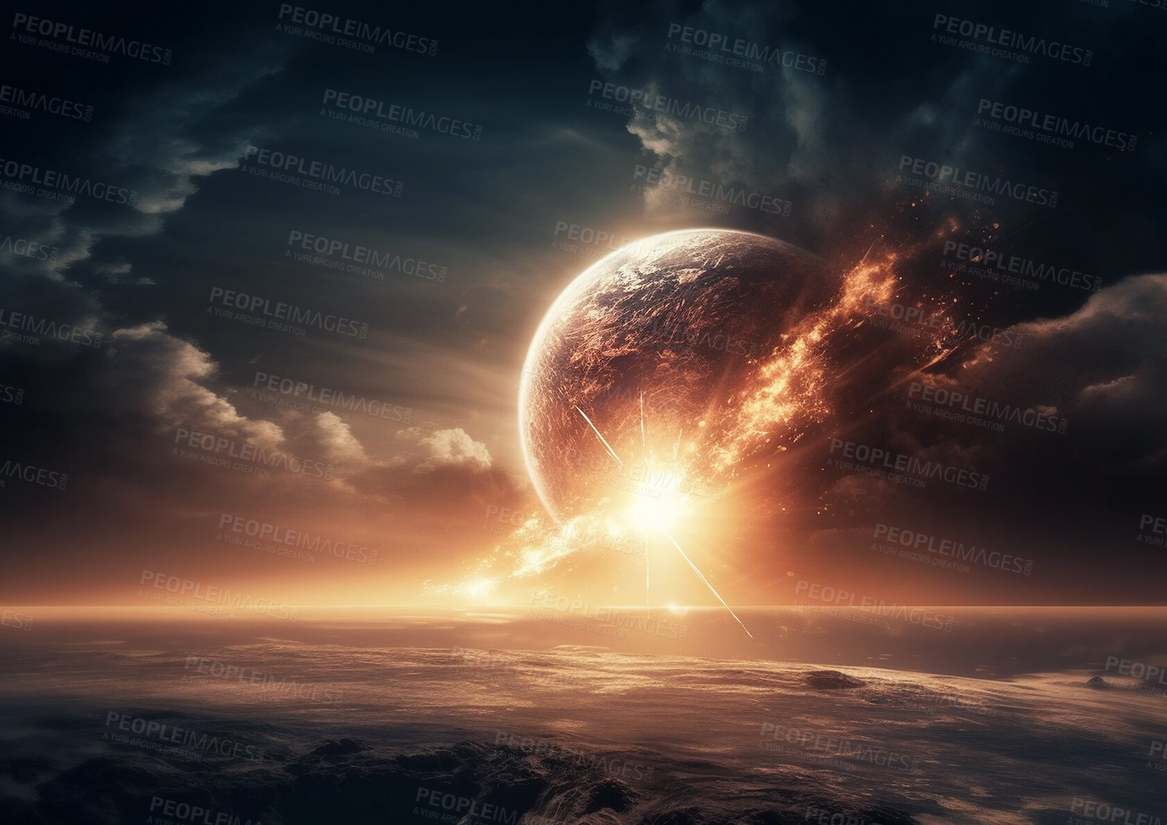 Buy stock photo Galaxy, universe and doomsday with asteroid and planet for astrology, nebula and fantasy. Ai generated, sci fi and blast with cosmos and meteorite in space for solar system, apocalypse and celestial
