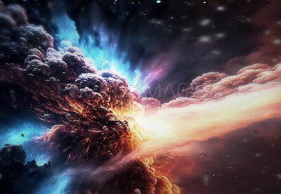 Galaxy, universe and explosion with dust and cloud for astrology, nebula and fantasy. Ai generated, sci fi and astronomy with cosmos and smoke in space for solar system, apocalypse and celestial