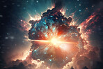 Galaxy, universe and explosion with star and cloud for astrology, nebula and fantasy. Ai generated, sci fi and astronomy with cosmos and smoke in space for solar system, apocalypse and celestial