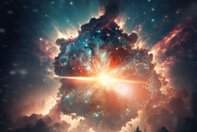 Galaxy, universe and explosion with star and cloud for astrology, nebula and fantasy. Ai generated, sci fi and astronomy with cosmos and smoke in space for solar system, apocalypse and celestial
