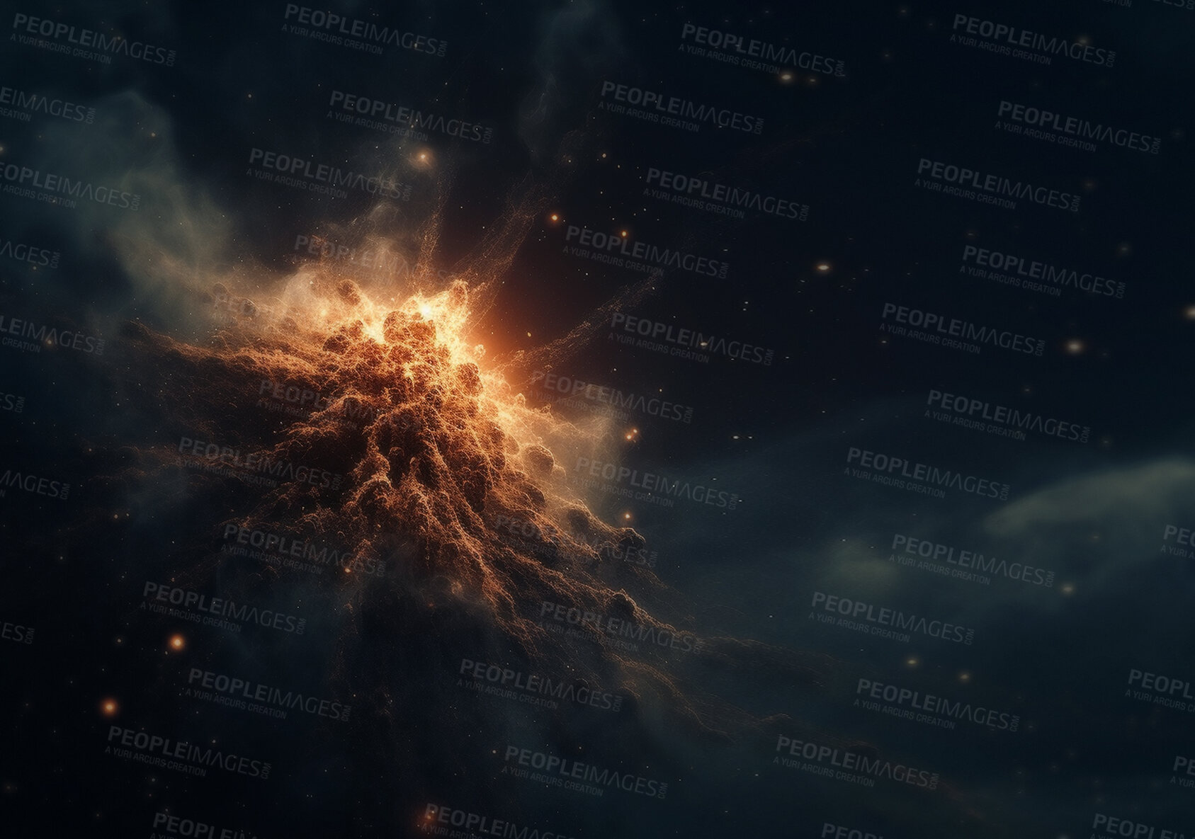 Buy stock photo Galaxy, universe and explosion with smoke of cloud for astrology, nebula and fantasy. Ai generated, sci fi and astronomy with cosmos and dust in space for solar system, apocalypse and celestial