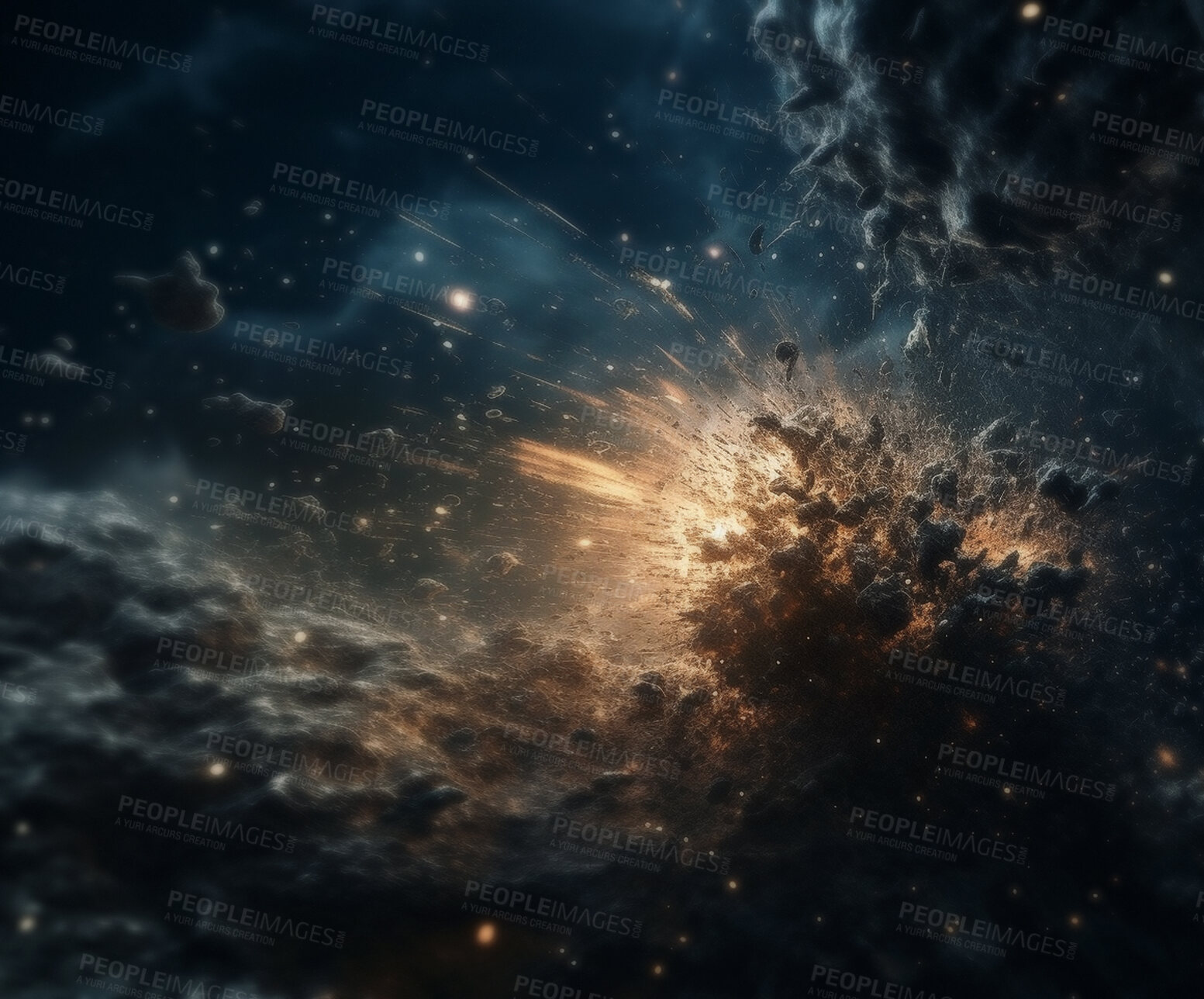 Buy stock photo Galaxy, universe and gas with dust explosion for astrology, nebula and fantasy. Ai generated, sci fi and astronomy with cosmos and smoke cloud on planet for solar system, apocalypse and celestial