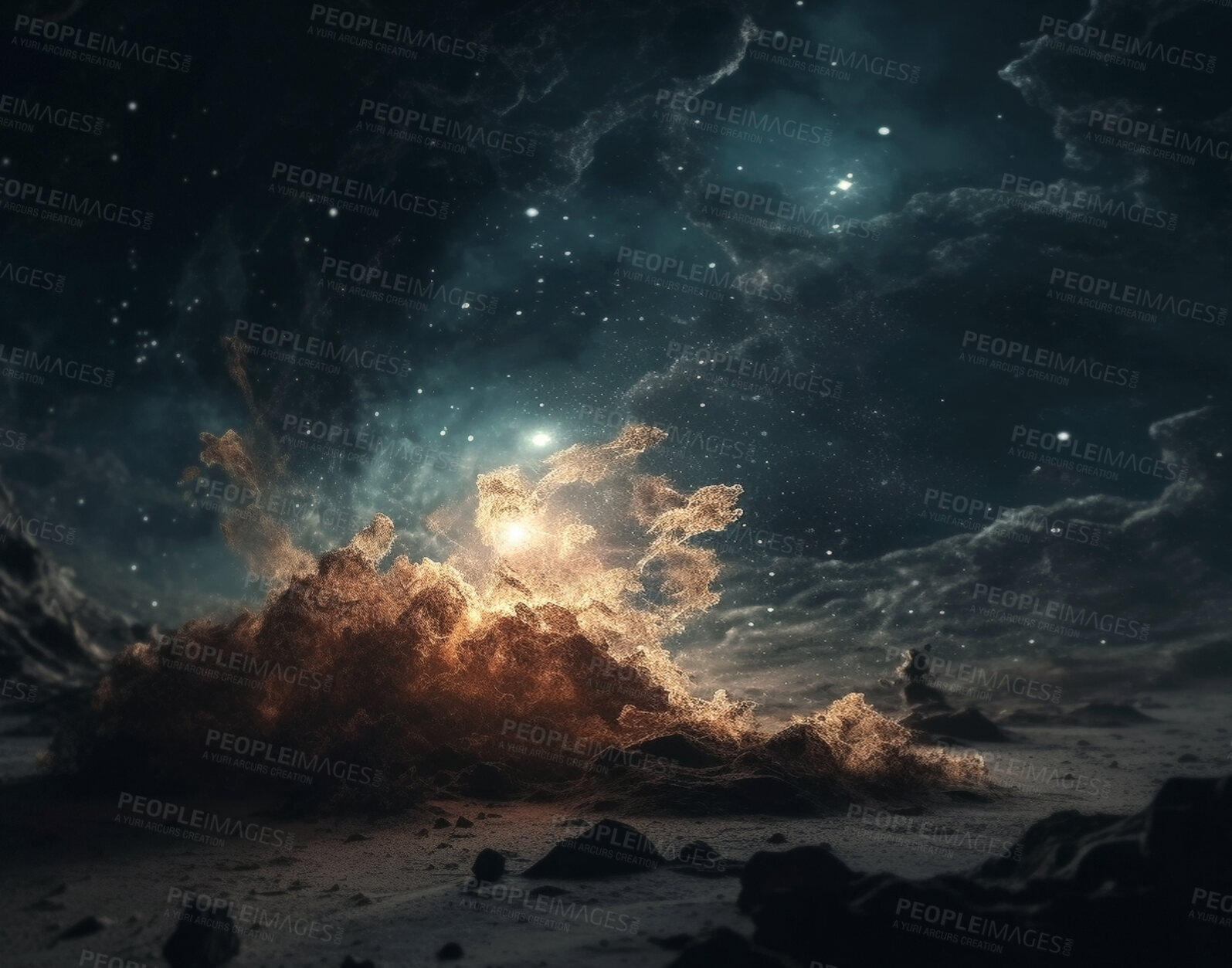 Buy stock photo Galaxy, universe and gas with dust cloud for astrology, nebula and fantasy. Ai generated, sci fi and astronomy with cosmos and smoke on planet for solar system, apocalypse and celestial background