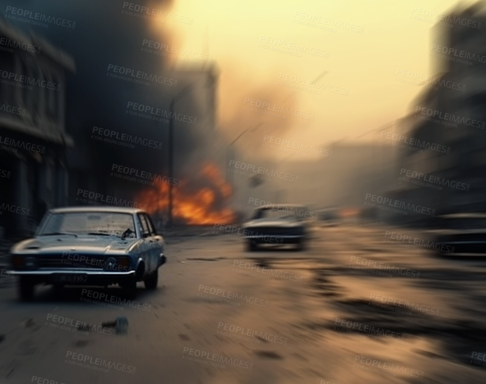 Buy stock photo Accident, emergency and cars in city on fire for explosion, catastrophe and apocalypse. Ai generated, construction and burning with damage and burnt vehicle for demolished, danger and armageddon